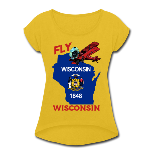 Fly Wisconsin - State Flag - Biplane - Women's Roll Cuff T-Shirt - mustard yellow