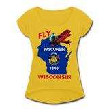 Fly Wisconsin - State Flag - Biplane - Women's Roll Cuff T-Shirt - mustard yellow
