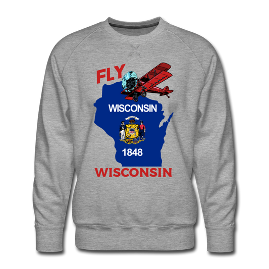 Fly Wisconsin - State Flag - Biplane - Men’s Premium Sweatshirt - heather grey