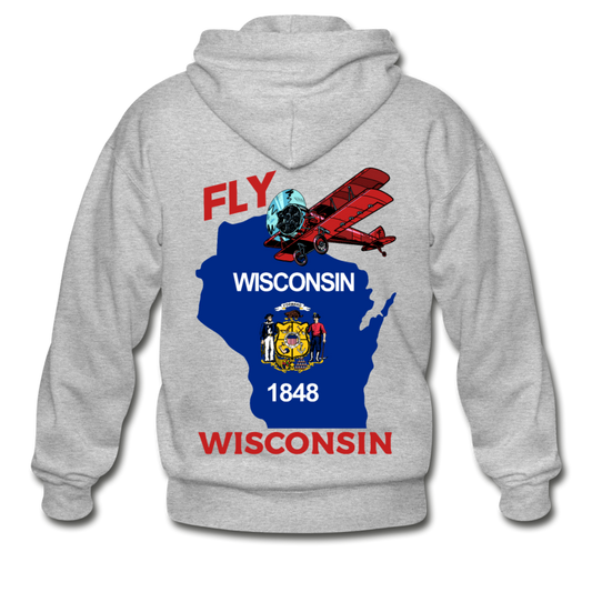 Fly Wisconsin - State Flag - Biplane - Gildan Heavy Blend Adult Zip Hoodie - heather gray