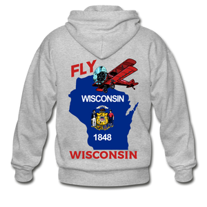 Fly Wisconsin - State Flag - Biplane - Gildan Heavy Blend Adult Zip Hoodie - heather gray
