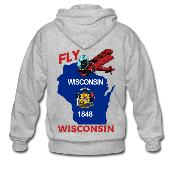 Fly Wisconsin - State Flag - Biplane - Gildan Heavy Blend Adult Zip Hoodie - heather gray