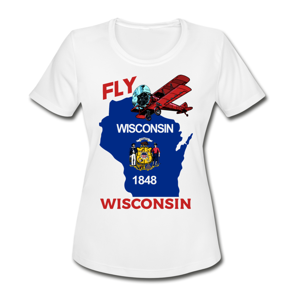 Fly Wisconsin - State Flag - Biplane - Women's Moisture Wicking Performance T-Shirt - white