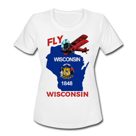 Fly Wisconsin - State Flag - Biplane - Women's Moisture Wicking Performance T-Shirt - white