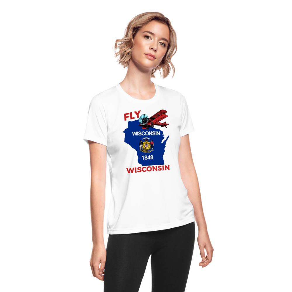 Fly Wisconsin - State Flag - Biplane - Women's Moisture Wicking Performance T-Shirt - white