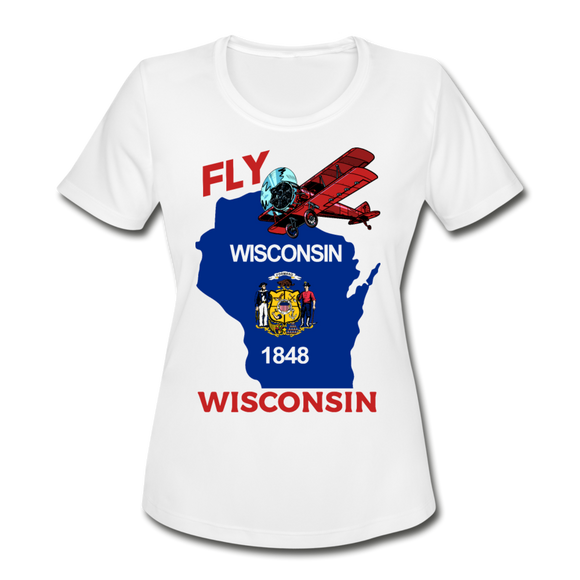 Fly Wisconsin - State Flag - Biplane - Women's Moisture Wicking Performance T-Shirt - white