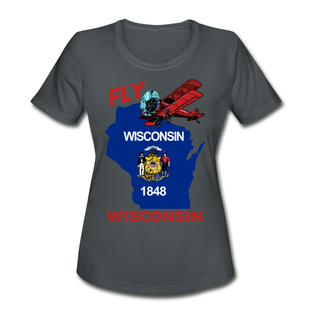 Fly Wisconsin - State Flag - Biplane - Women's Moisture Wicking Performance T-Shirt - charcoal