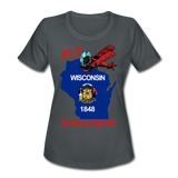 Fly Wisconsin - State Flag - Biplane - Women's Moisture Wicking Performance T-Shirt - charcoal