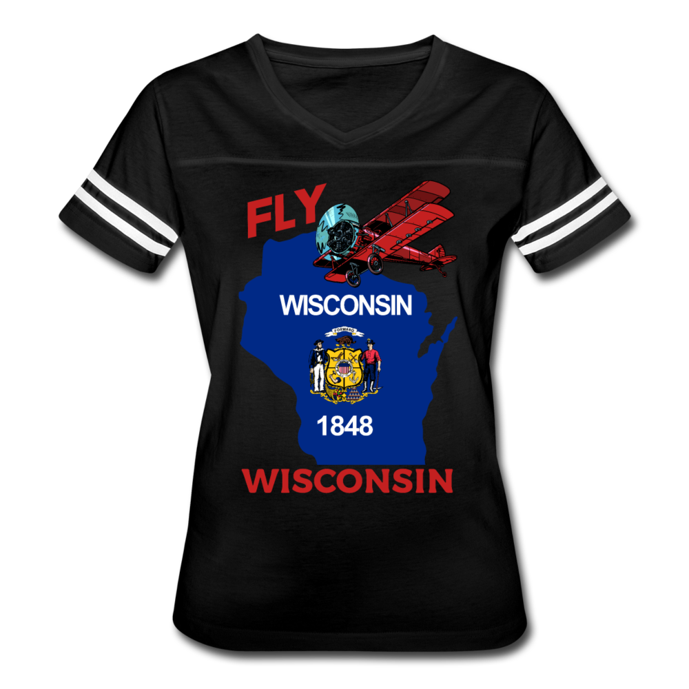 Fly Wisconsin - State Flag - Biplane - Women’s Vintage Sport T-Shirt - black/white