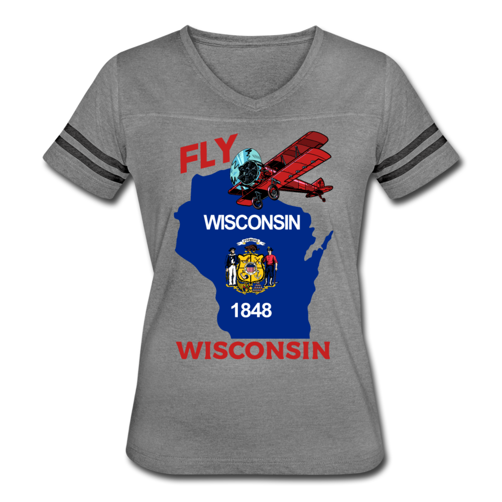 Fly Wisconsin - State Flag - Biplane - Women’s Vintage Sport T-Shirt - heather gray/charcoal