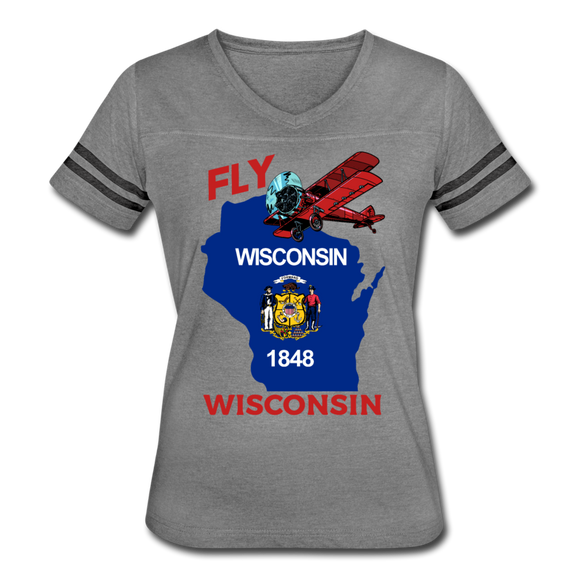 Fly Wisconsin - State Flag - Biplane - Women’s Vintage Sport T-Shirt - heather gray/charcoal