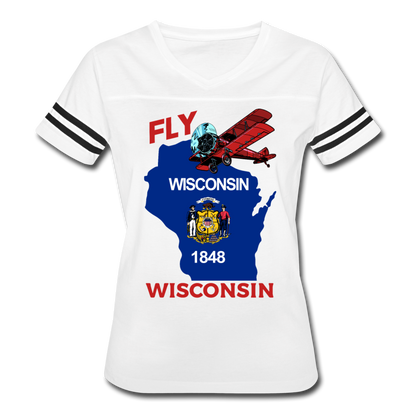 Fly Wisconsin - State Flag - Biplane - Women’s Vintage Sport T-Shirt - white/black