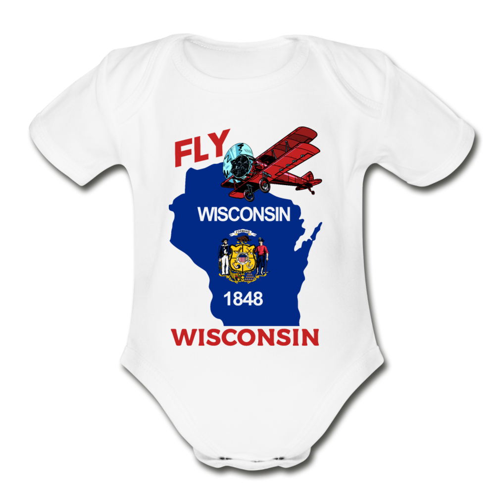 Fly Wisconsin - State Flag - Biplane - Organic Short Sleeve Baby Bodysuit - white