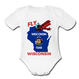 Fly Wisconsin - State Flag - Biplane - Organic Short Sleeve Baby Bodysuit - white