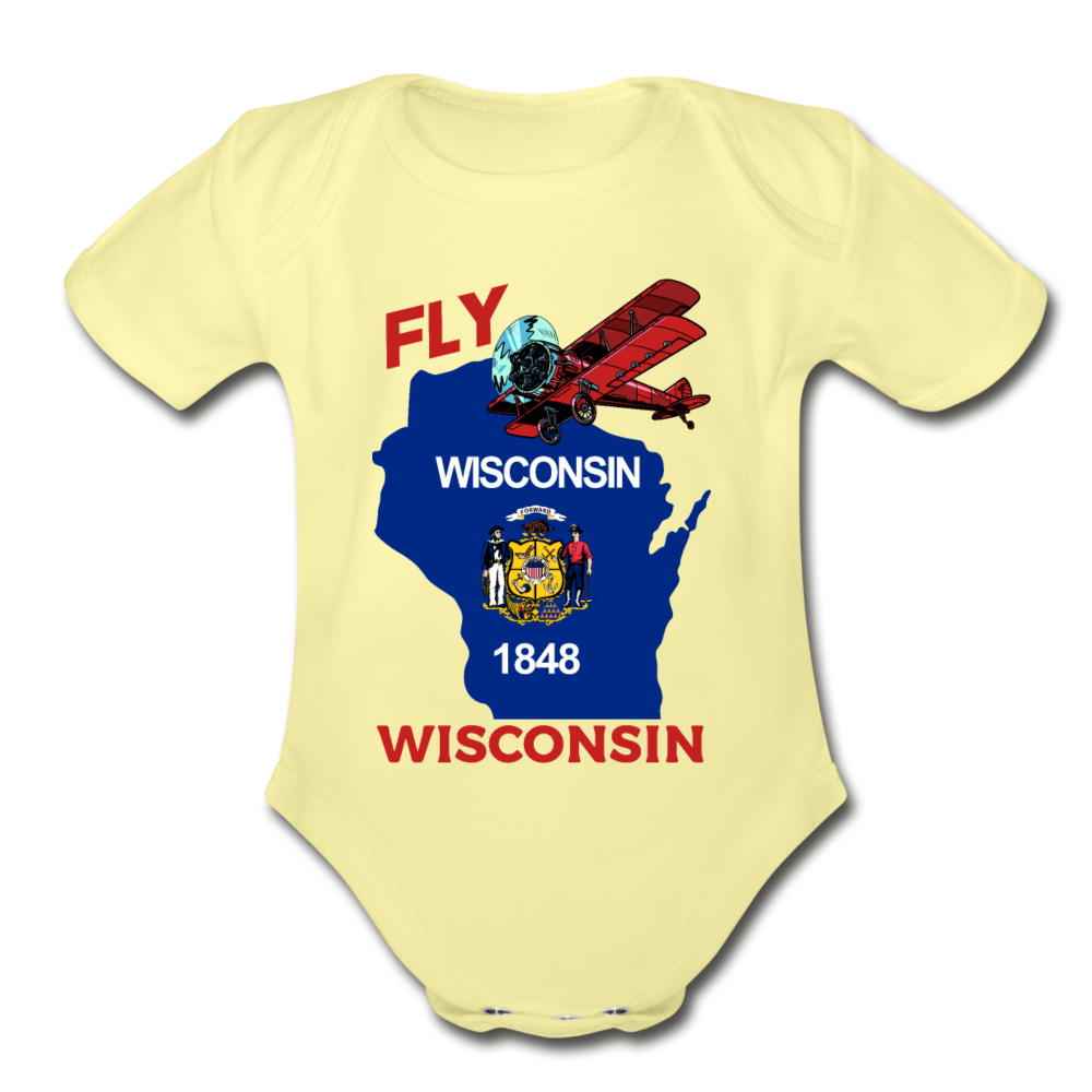 Fly Wisconsin - State Flag - Biplane - Organic Short Sleeve Baby Bodysuit - washed yellow