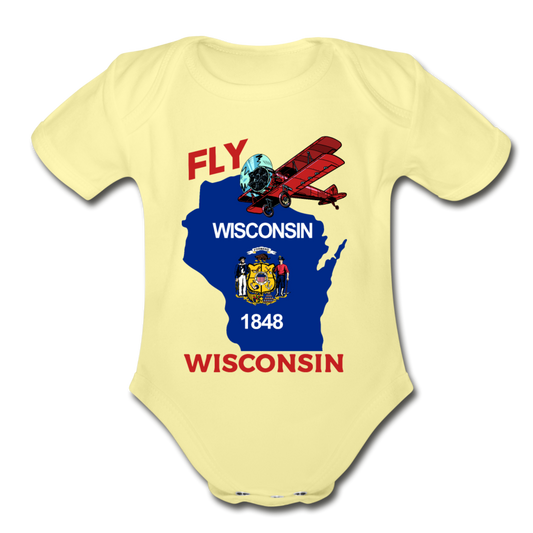 Fly Wisconsin - State Flag - Biplane - Organic Short Sleeve Baby Bodysuit - washed yellow