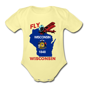 Fly Wisconsin - State Flag - Biplane - Organic Short Sleeve Baby Bodysuit - washed yellow