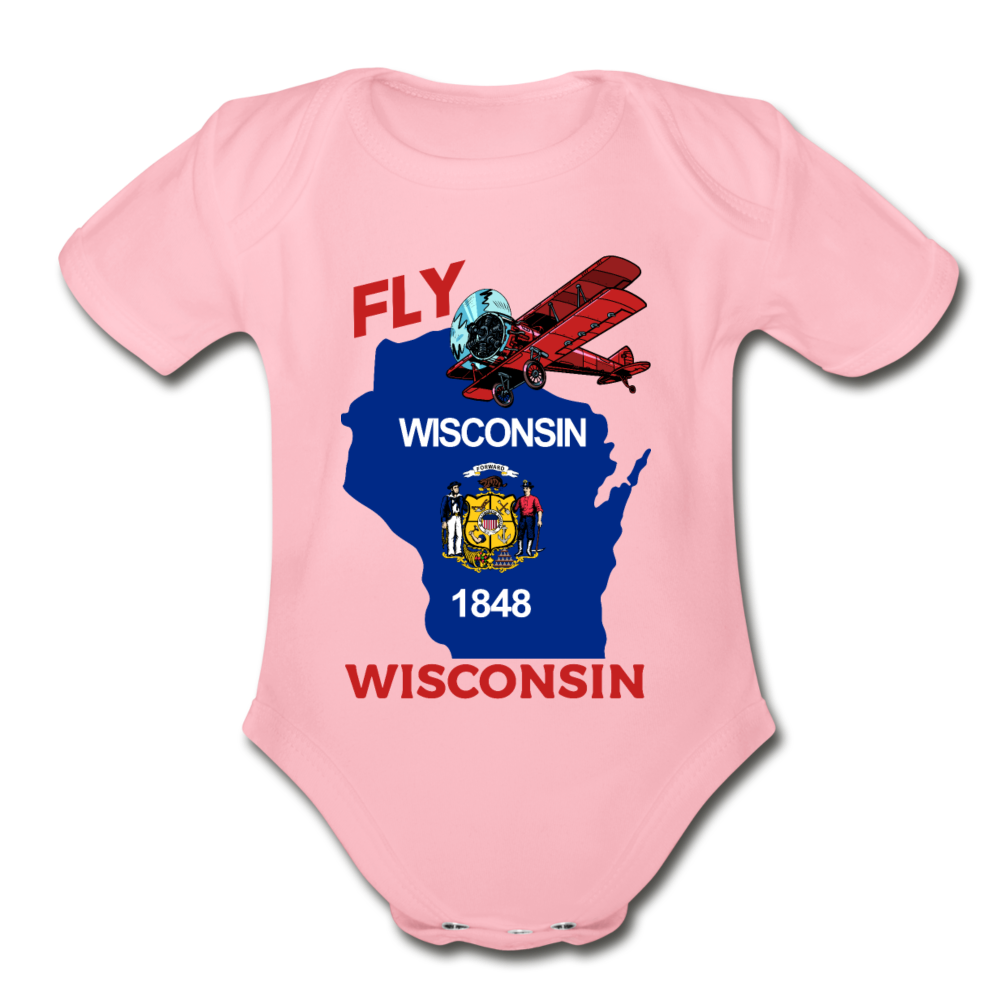 Fly Wisconsin - State Flag - Biplane - Organic Short Sleeve Baby Bodysuit - light pink