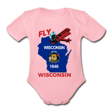 Fly Wisconsin - State Flag - Biplane - Organic Short Sleeve Baby Bodysuit - light pink