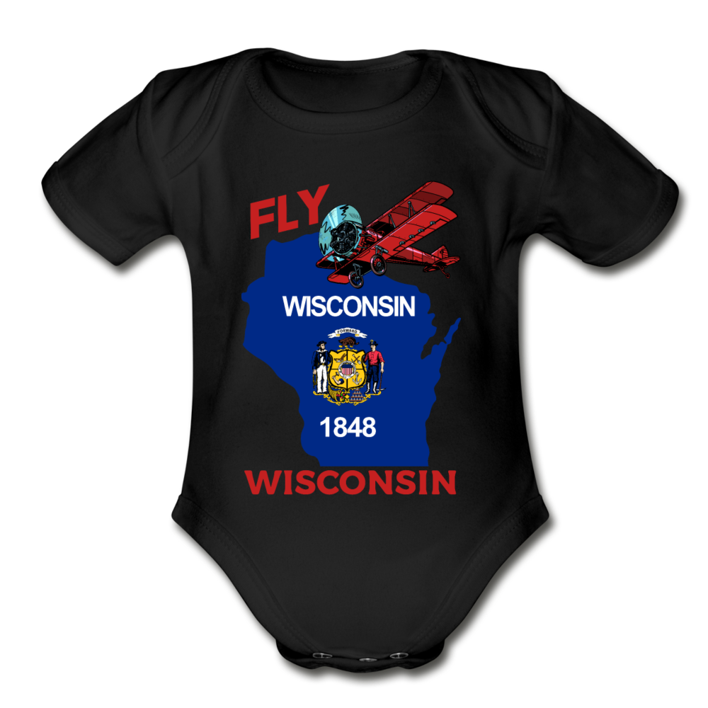 Fly Wisconsin - State Flag - Biplane - Organic Short Sleeve Baby Bodysuit - black