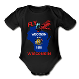 Fly Wisconsin - State Flag - Biplane - Organic Short Sleeve Baby Bodysuit - black