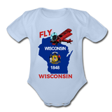 Fly Wisconsin - State Flag - Biplane - Organic Short Sleeve Baby Bodysuit - sky