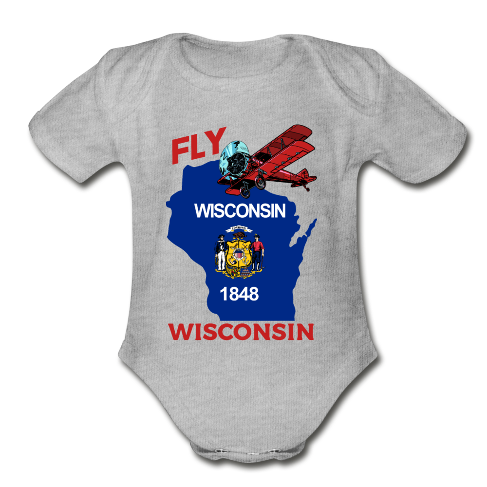 Fly Wisconsin - State Flag - Biplane - Organic Short Sleeve Baby Bodysuit - heather grey