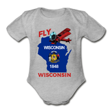 Fly Wisconsin - State Flag - Biplane - Organic Short Sleeve Baby Bodysuit - heather grey