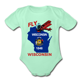 Fly Wisconsin - State Flag - Biplane - Organic Short Sleeve Baby Bodysuit - light mint