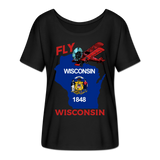 Fly Wisconsin - State Flag - Biplane - Women’s Flowy T-Shirt - black