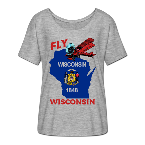 Fly Wisconsin - State Flag - Biplane - Women’s Flowy T-Shirt - heather grey