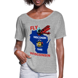 Fly Wisconsin - State Flag - Biplane - Women’s Flowy T-Shirt - heather grey