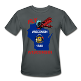Fly Wisconsin - State Flag - Biplane - Men’s Moisture Wicking Performance T-Shirt - charcoal