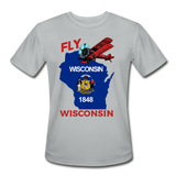 Fly Wisconsin - State Flag - Biplane - Men’s Moisture Wicking Performance T-Shirt - silver