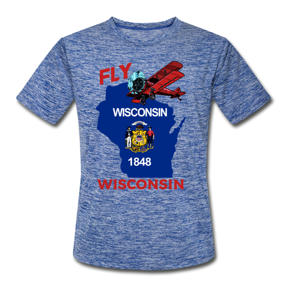 Fly Wisconsin - State Flag - Biplane - Men’s Moisture Wicking Performance T-Shirt - heather blue