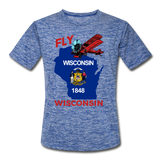 Fly Wisconsin - State Flag - Biplane - Men’s Moisture Wicking Performance T-Shirt - heather blue