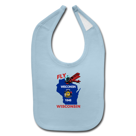 Fly Wisconsin - State Flag - Biplane - Baby Bib - light blue