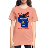 Fly Wisconsin - State Flag - Biplane - Unisex Heather Prism T-Shirt - heather prism sunset