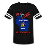 Fly Wisconsin - State Flag - Biplane - Vintage Sport T-Shirt - black/white