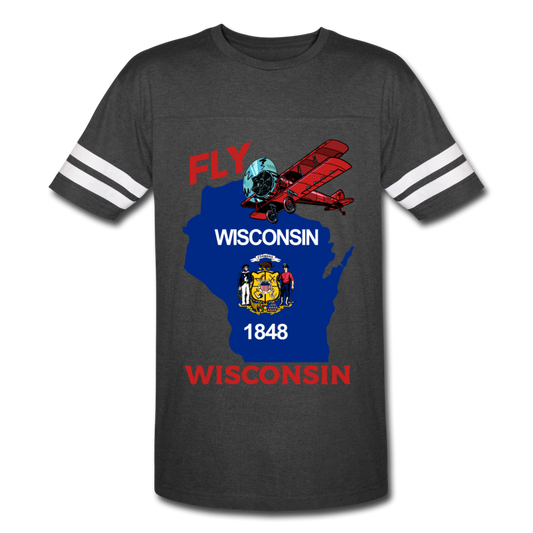 Fly Wisconsin - State Flag - Biplane - Vintage Sport T-Shirt - vintage smoke/white