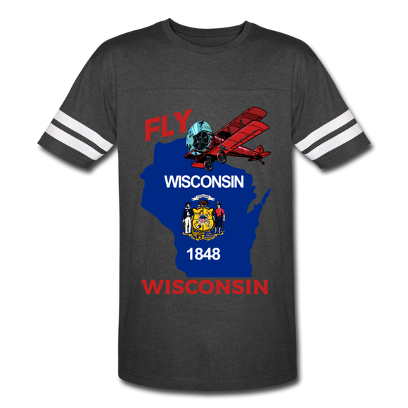 Fly Wisconsin - State Flag - Biplane - Vintage Sport T-Shirt - vintage smoke/white