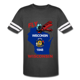 Fly Wisconsin - State Flag - Biplane - Vintage Sport T-Shirt - vintage smoke/white