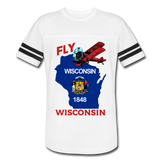 Fly Wisconsin - State Flag - Biplane - Vintage Sport T-Shirt - white/black