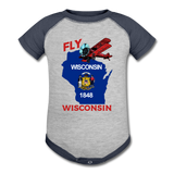 Fly Wisconsin - State Flag - Biplane - Baseball Baby Bodysuit - heather gray/navy