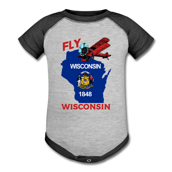 Fly Wisconsin - State Flag - Biplane - Baseball Baby Bodysuit - heather gray/charcoal