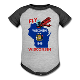 Fly Wisconsin - State Flag - Biplane - Baseball Baby Bodysuit - heather gray/charcoal