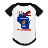 Fly Wisconsin - State Flag - Biplane - Baseball Baby Bodysuit - white/black