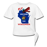 Fly Wisconsin - State Flag - Biplane - Women's Knotted T-Shirt - white