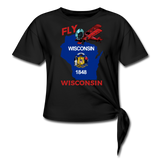 Fly Wisconsin - State Flag - Biplane - Women's Knotted T-Shirt - black