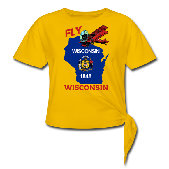 Fly Wisconsin - State Flag - Biplane - Women's Knotted T-Shirt - sun yellow
